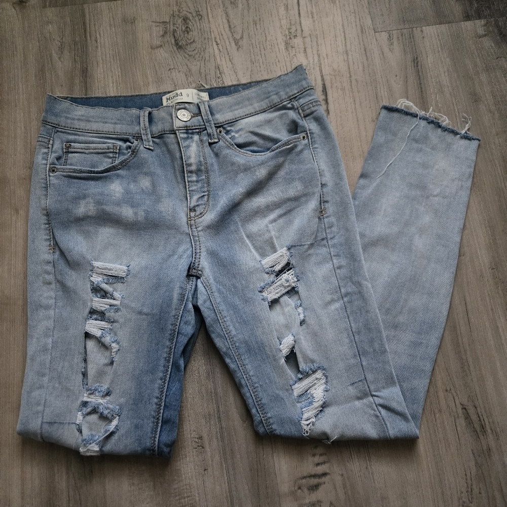 Mudd FLX Stretch Light Wash Low Rise Skinny Ripped Distressed Jeans Junior 9 - Picture 1 of 10